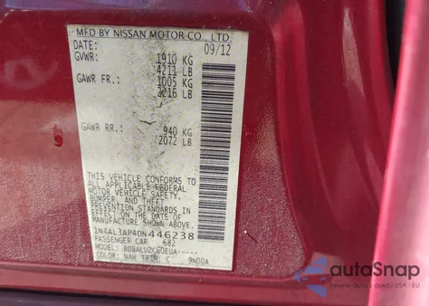 2013 Nissan Altima 2.5 Sv z USA, uszkodzony, nr VIN 1N4AL3AP4DN446238